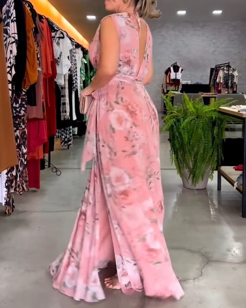 Gia - Sleeveless Floral Split Hem Long Dress