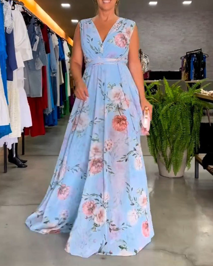 Gia - Sleeveless Floral Split Hem Long Dress