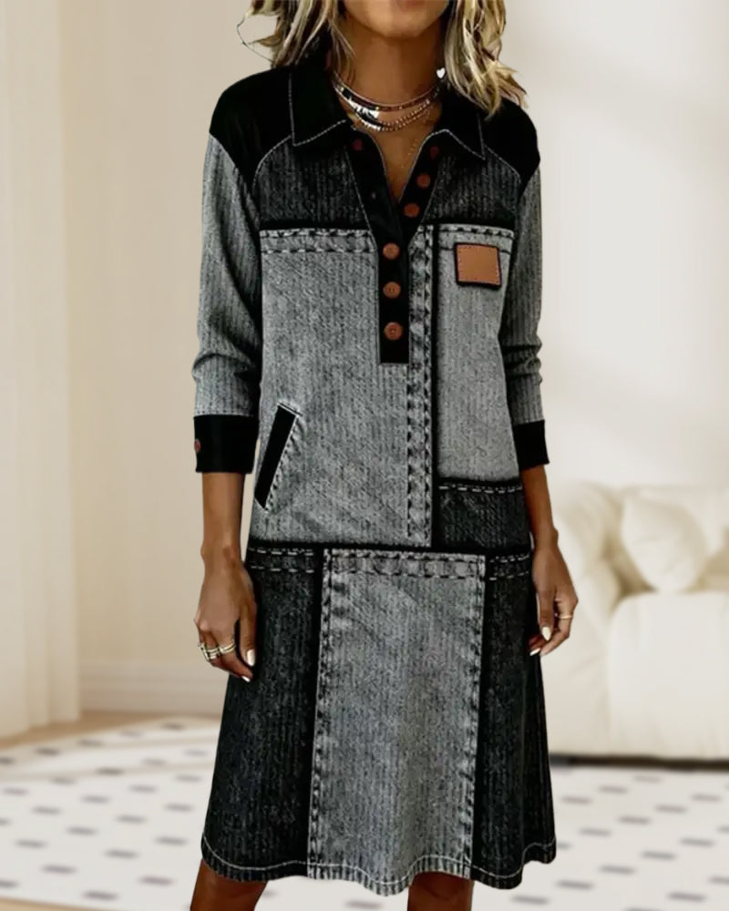 Dress Button Flip V-neck Color Block Modern