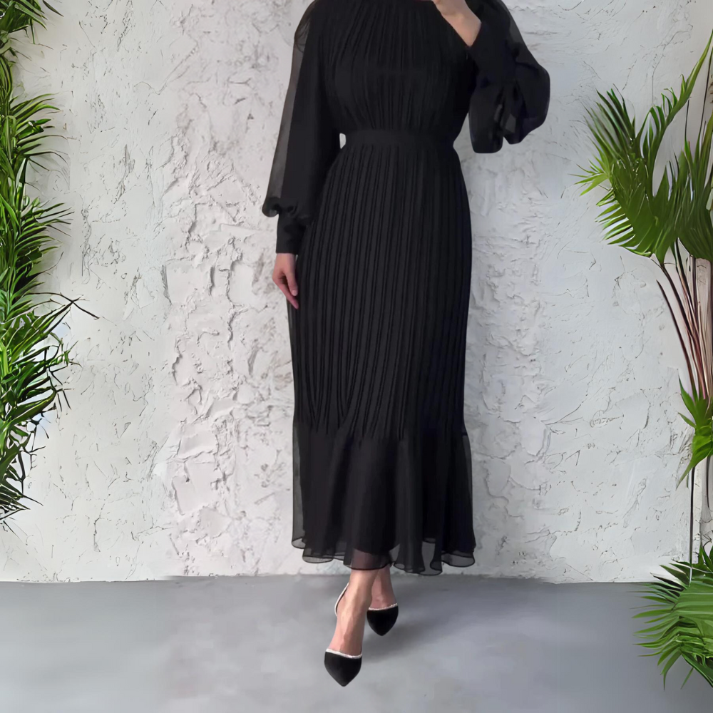 Cami - Chic French Fall Mesh-Accented Evening Gown