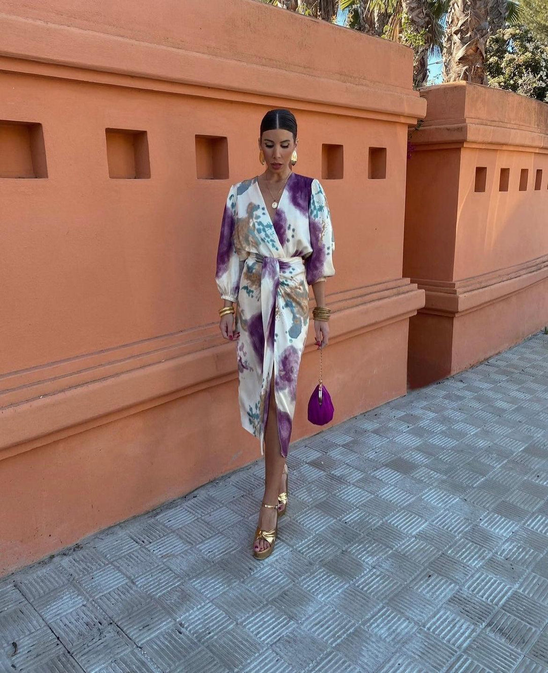 Davina - Elegant V-Neck Long Sleeve Split Maxi Dress