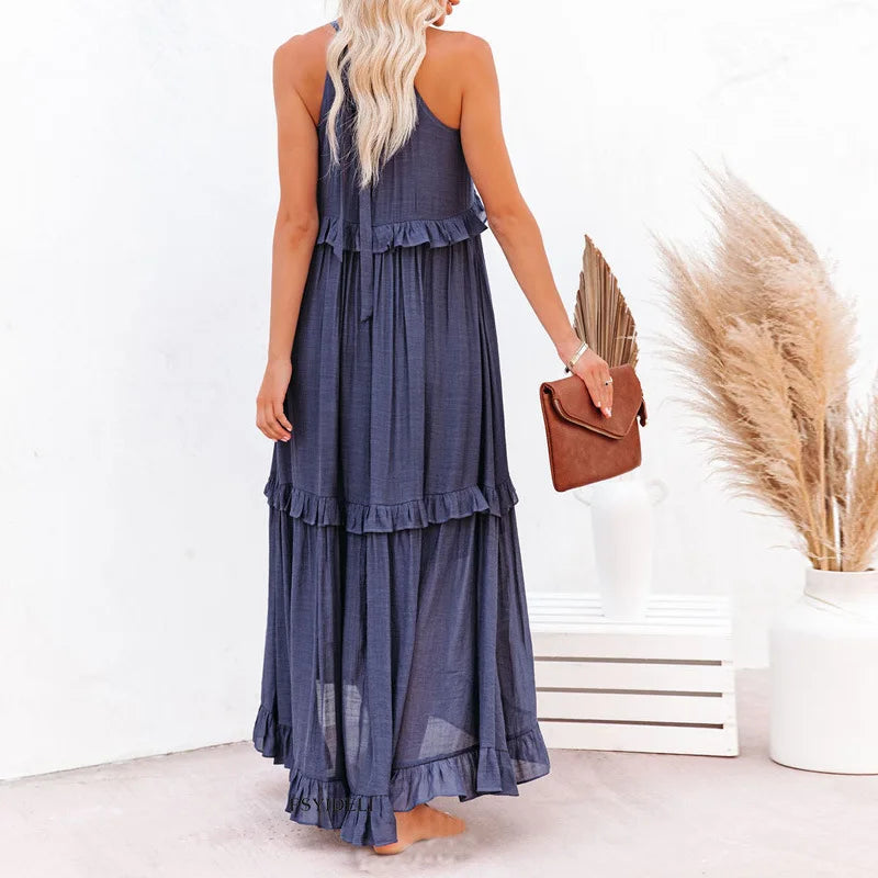 Delilah - Elegant Halter Neck Ruffle Trim Dress