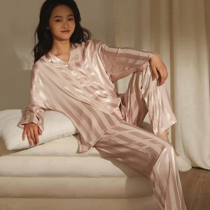 Women's Lounge set | Striped Long Sleeve Button Up Pajama Set