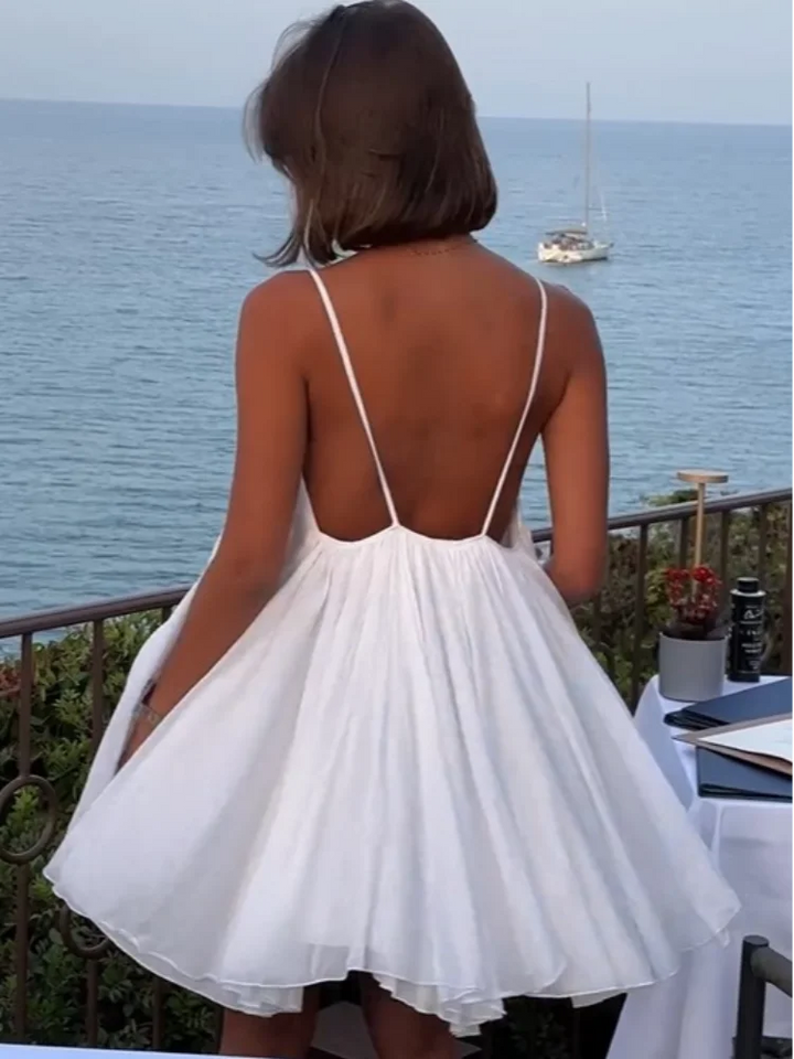Olive - Pleated V-neck Mini Beach Dress
