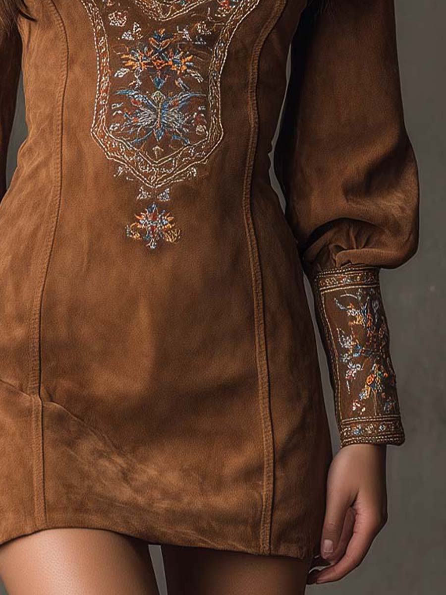 Embroidered Suede Mini Dress in Purple