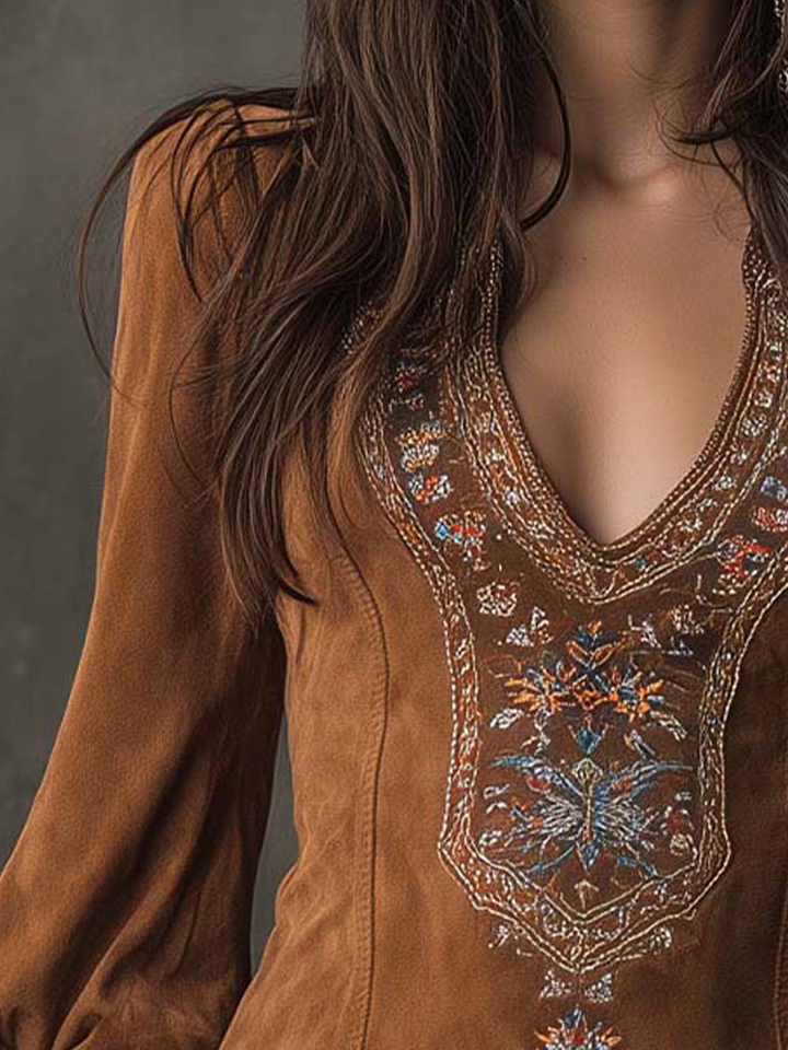 Embroidered Suede Mini Dress in Purple