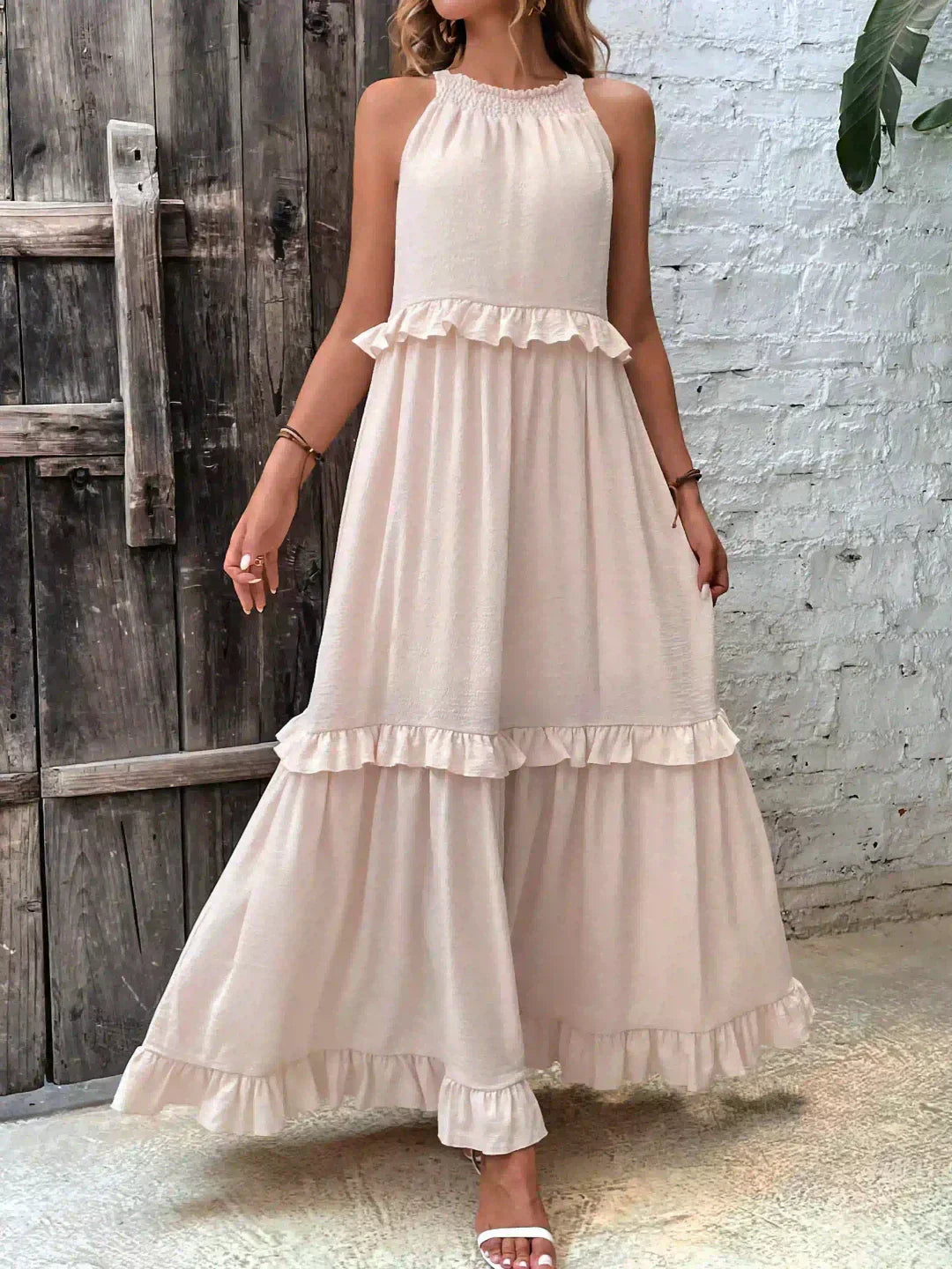 Delilah - Elegant Halter Neck Ruffle Trim Dress