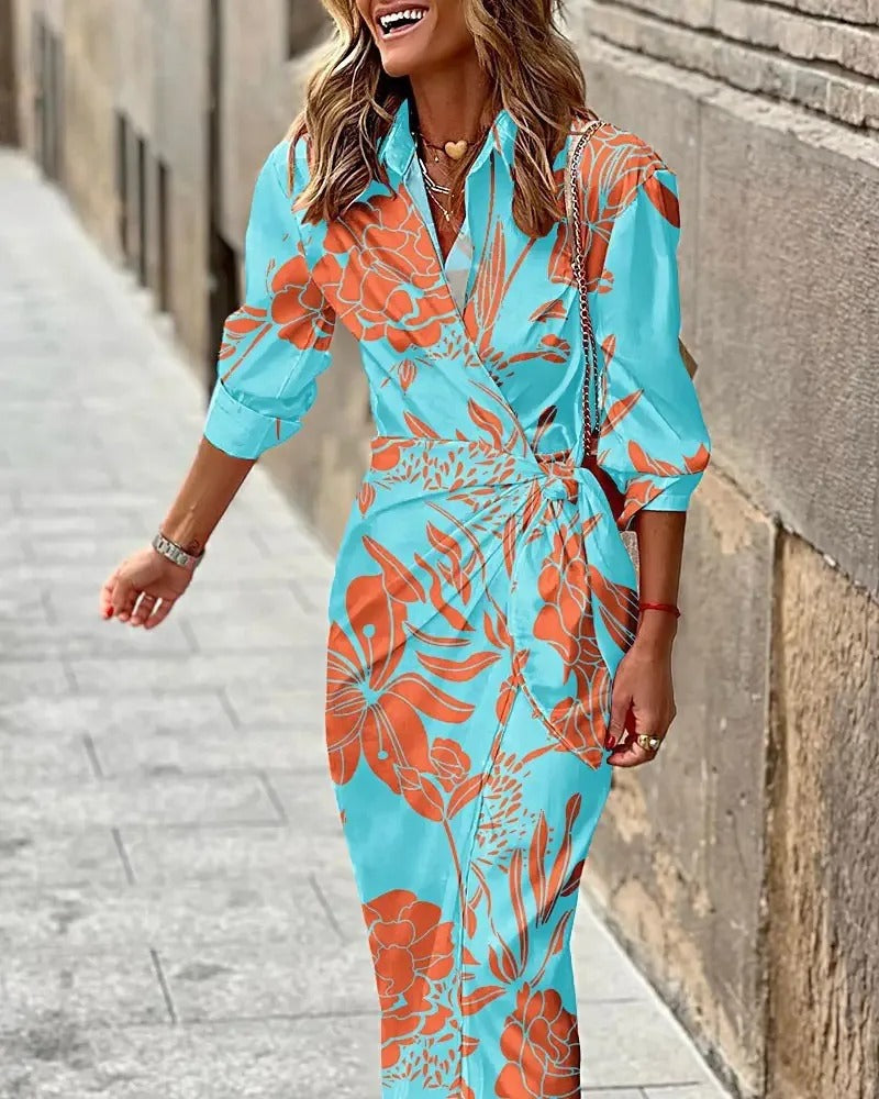 Zella - Fashion V-Neck Striped Lace-Up Midi Dress