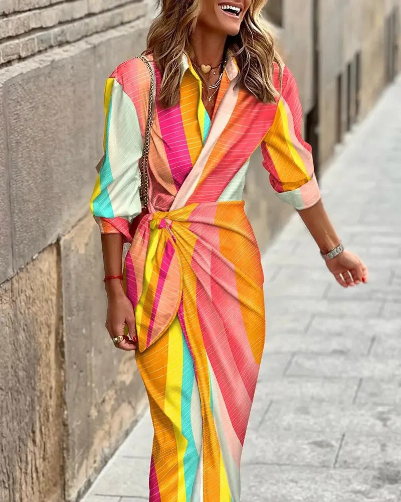 Zella - Fashion V-Neck Striped Lace-Up Midi Dress